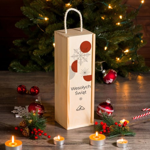 Świąteczne drewniane pudełko na wino z wysuwanym drewnianym frontem, personalizowane, śnieżynka, retro, nadruk UV