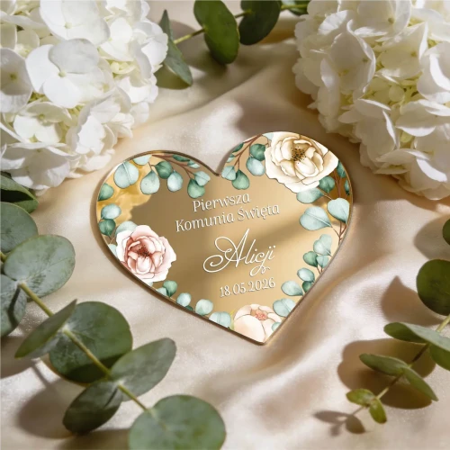 Magnes lustrzany serce złote - podziękowanie dla gości  z okazji Komunii Świętej wzór 3  | TADAM Pracownia Kreatywna