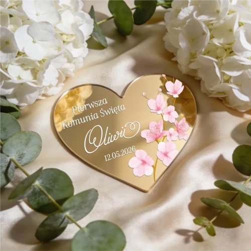 Magnes lustrzany serce złote - podziękowanie dla gości  z okazji Komunii Świętej wzór 5  | TADAM Pracownia Kreatywna