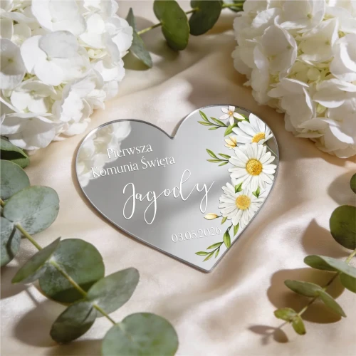 Magnes lustrzany serce srebrne - podziękowanie dla gości  z okazji Komunii Świętej wzór 1 | TADAM Pracownia Kreatywna