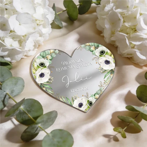 Magnes lustrzany serce srebrne - podziękowanie dla gości  z okazji Komunii Świętej wzór 4 | TADAM Pracownia Kreatywna