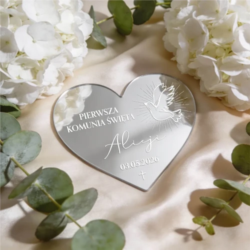 Magnes lustrzany serce srebrne - podziękowanie dla gości  z okazji Komunii Świętej wzór 8 | TADAM Pracownia Kreatywna