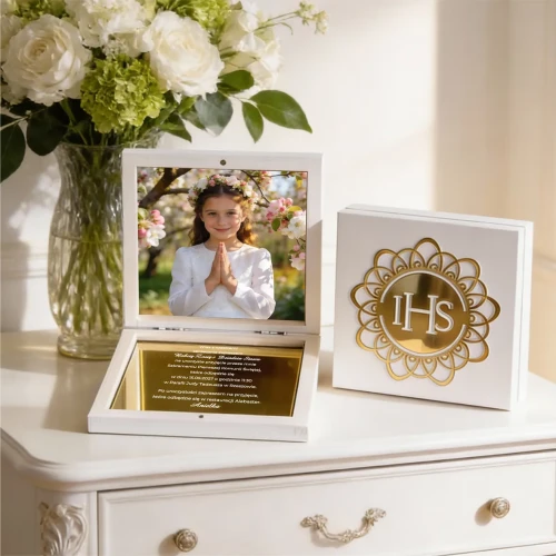 Zaproszenie na Komunię Świętą w pudełeczku ze zdjęciem- IHS | TADAM Pracownia Kreatywna