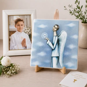 Prezent z okazji Pierwszej Komunii Świętej  - ceramiczna płytka 15x15 cm z Aniołem