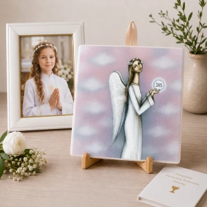 Prezent z okazji Pierwszej Komunii Świętej 10x10 cm - ceramiczna płytka z Aniołem