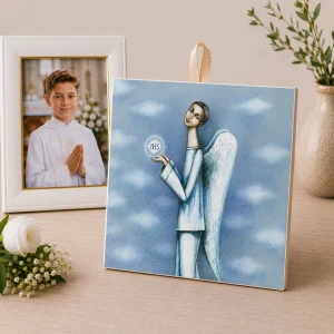 Prezent z okazji Pierwszej Komunii Świętej  - ceramiczna płytka 15x15 cm z Aniołem