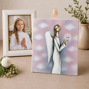 Prezent z okazji Pierwszej Komunii Świętej 15x15 cm - ceramiczna płytka z Aniołem