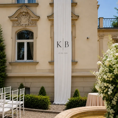 Materiałowy wydruk wielkoformatowy z inicjałami 140 × 900 cm – personalizowana dekoracja ślubna