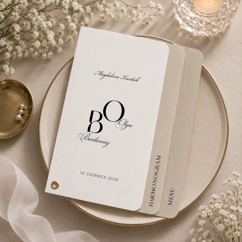 Folder ślubny PURE z winietką, menu i harmonogramem 3w1 – 15 × 21 cm, złoty nit