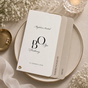 Folder ślubny PURE z winietką, menu i harmonogramem 3w1 – 15 × 21 cm, złoty nit