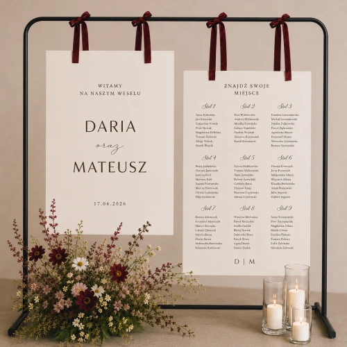 Zestaw tablic ślubnych na beermacie 80 × 60 cm – tablica powitalna + plan stołów