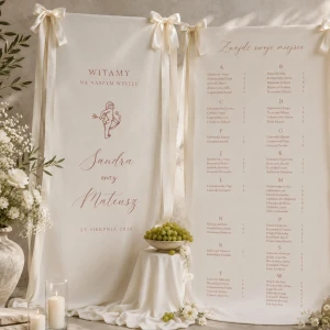 Zestaw tablic na materiale kolekcja Amore– tablica powitalna + plan stołów | Personalizowany komplet na wesele