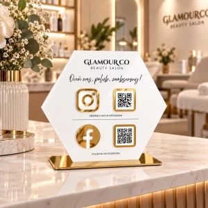 Personalizowana Tabliczka social media z logo i kodem QR (21x26cm) hexagon
