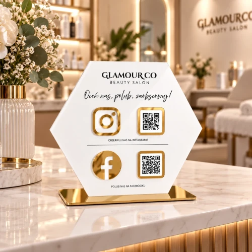 Personalizowana Tabliczka social media z logo i kodem QR (21x26cm) hexagon | TADAM Pracownia Kreatywna