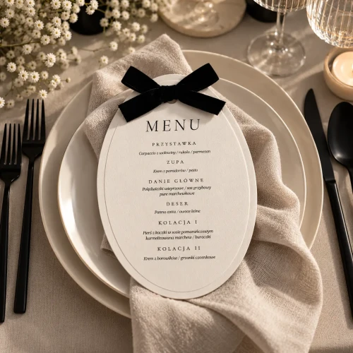 Menu papierowe Helena – elegancja z aksamitną kokardką