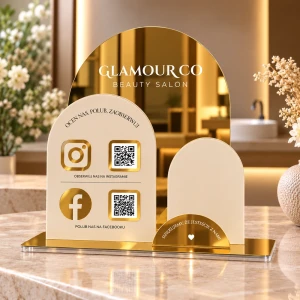 Personalizowana Tabliczka social media z logo i kodem QR  z miejscem na wizytówki i  miejscem na ulotki