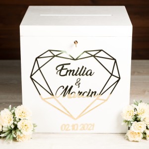 Drewniane pudełko na koperty glamour z lustrzanymi elementami WZÓR GEOMETRYCZNE SERCE