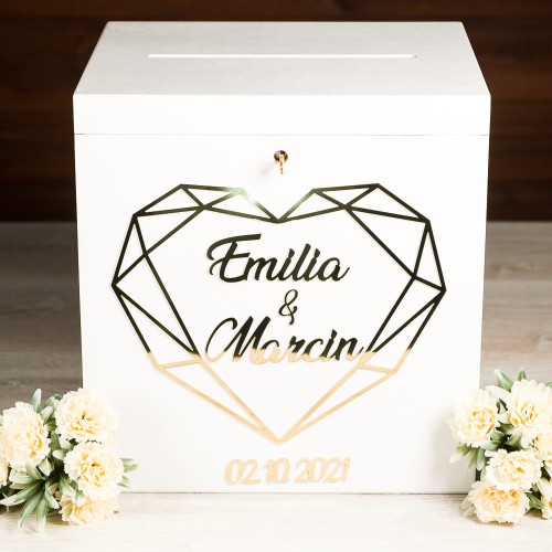 Drewniane pudełko na koperty glamour z lustrzanymi elementami WZÓR GEOMETRYCZNE SERCE | TADAM Pracownia Kreatywna